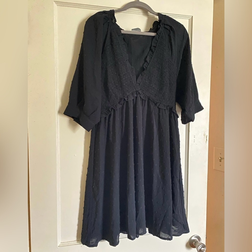 ARULA Black Smocked Dotted Swiss Dress